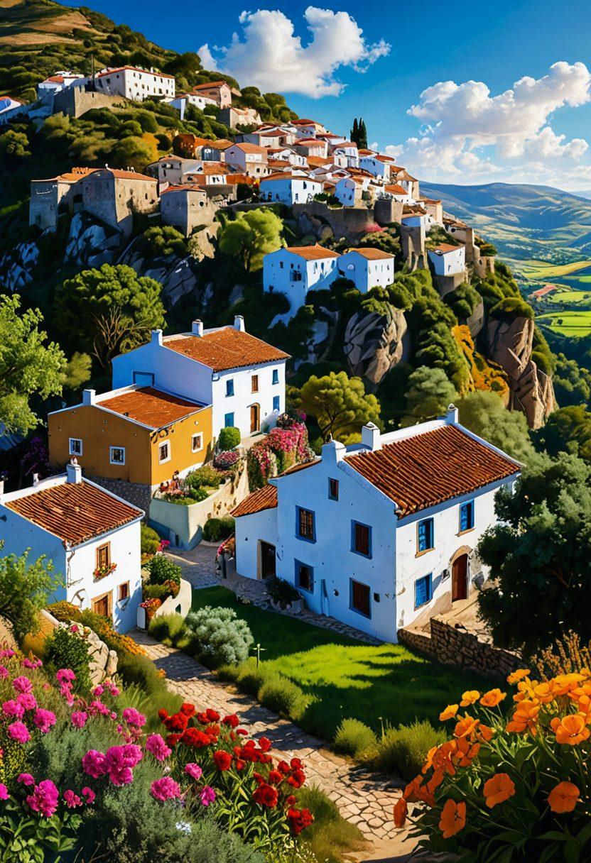 A vibrant, lush landscape of Montecastelo showcasing its heart with rolling hills, traditional houses, and a community gathering in the foreground. Include locals engaging in conversation and sharing insights, with scenic views of nature in the background. The sky should be bright and inviting, symbolizing hope and connection. super-realistic. vibrant colors. natural scenery.