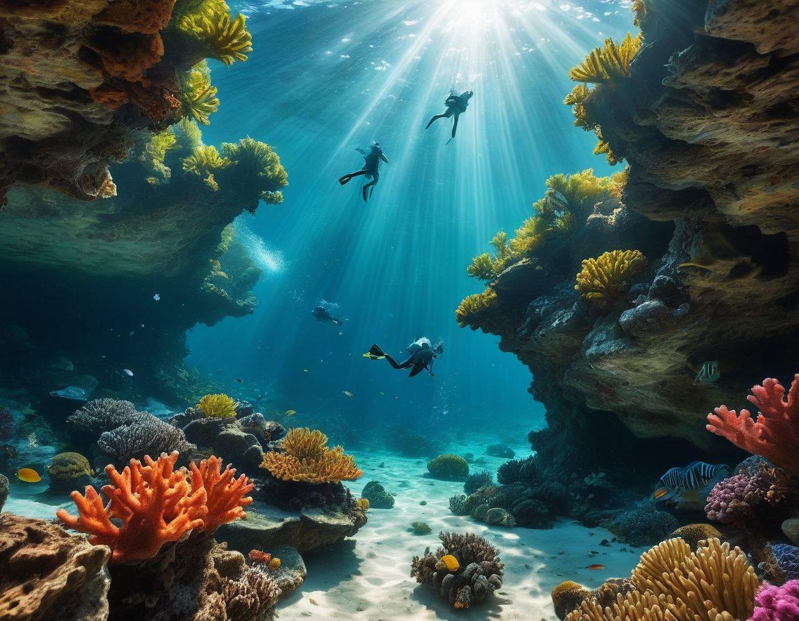 An enchanting underwater scene showcasing diverse marine life and vibrant coral reefs around Montecastelo. Above the water, a picturesque view of the Montecastelo landscape with lush greenery and a sandy beach is visible. Incorporate elements of people enjoying different lifestyles, such as diving, fishing, and sunbathing, intertwined with the sea life. Use captivating light rays filtering through the water, creating a whimsical atmosphere. super-realistic. vibrant colors. 3D.